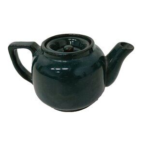 Vintage Newcor Round Stoneware China Small Forest Green Teapot With Lid